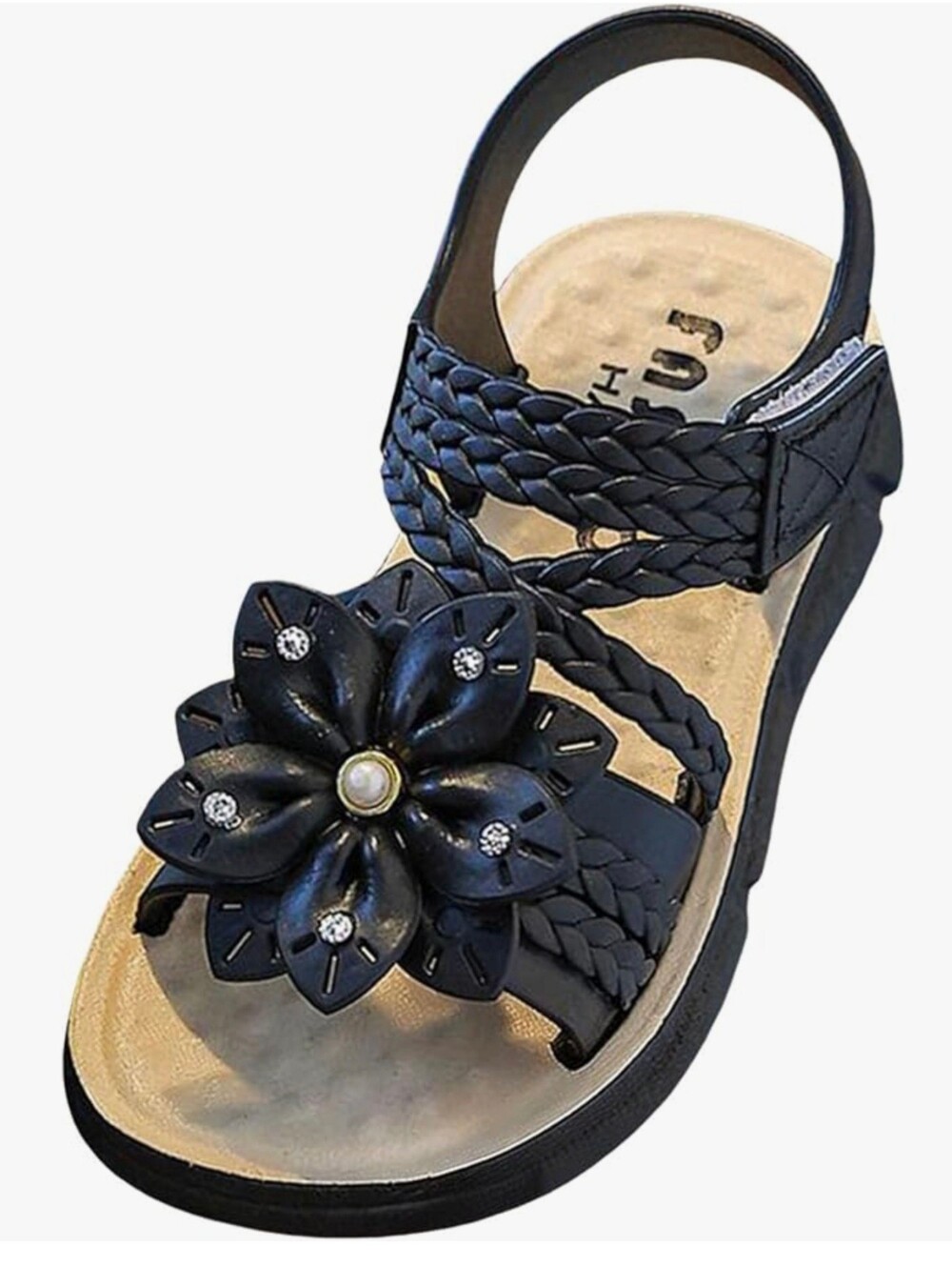Black Braided Flower Sandal with Gem Accent